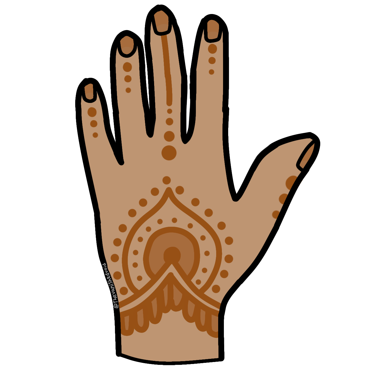 a cartoonish left hand with orange-brown stained pattern on it. the skin color is light brown